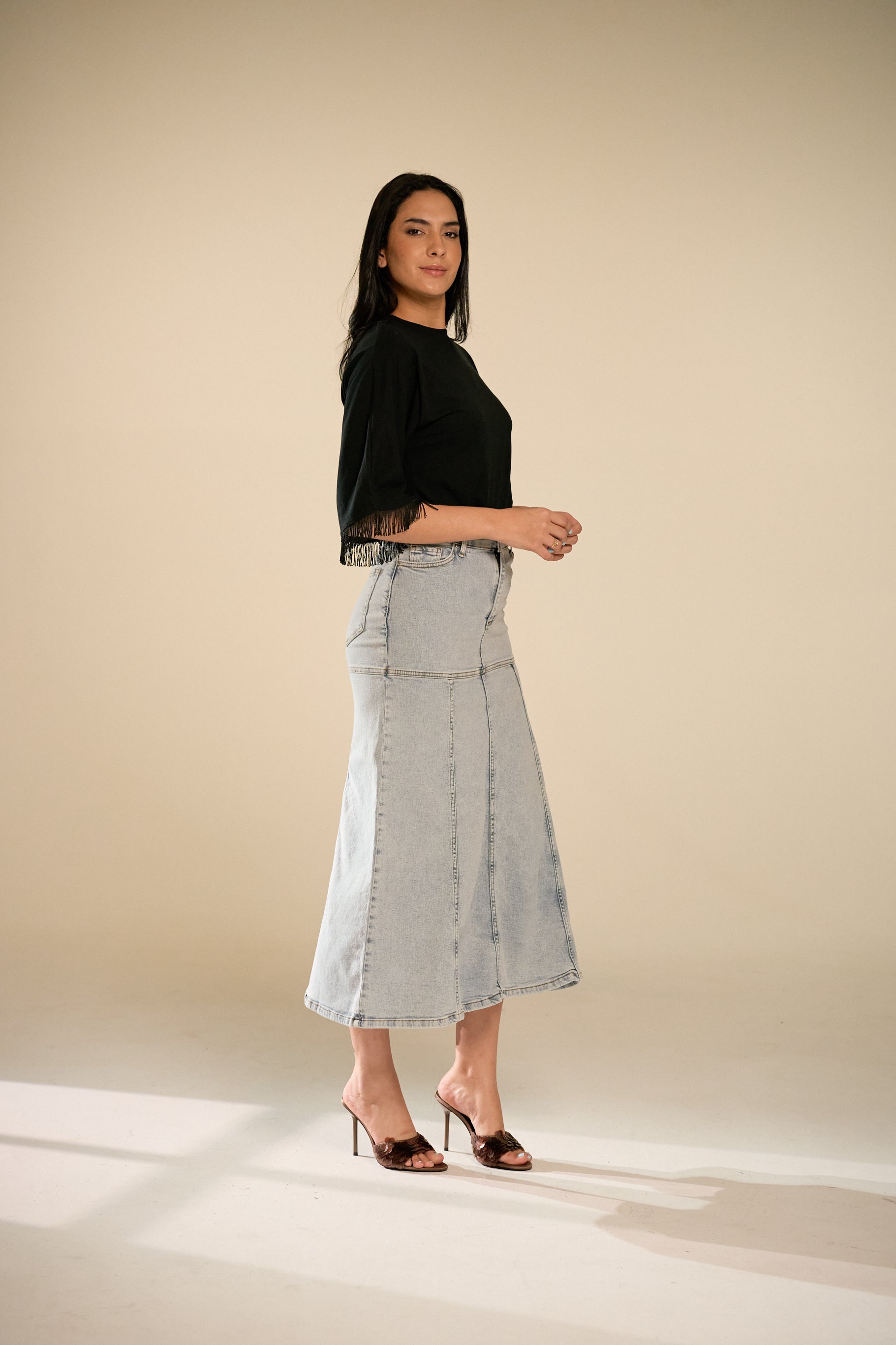 Mabel Midi Denim Skirt - Light Blue