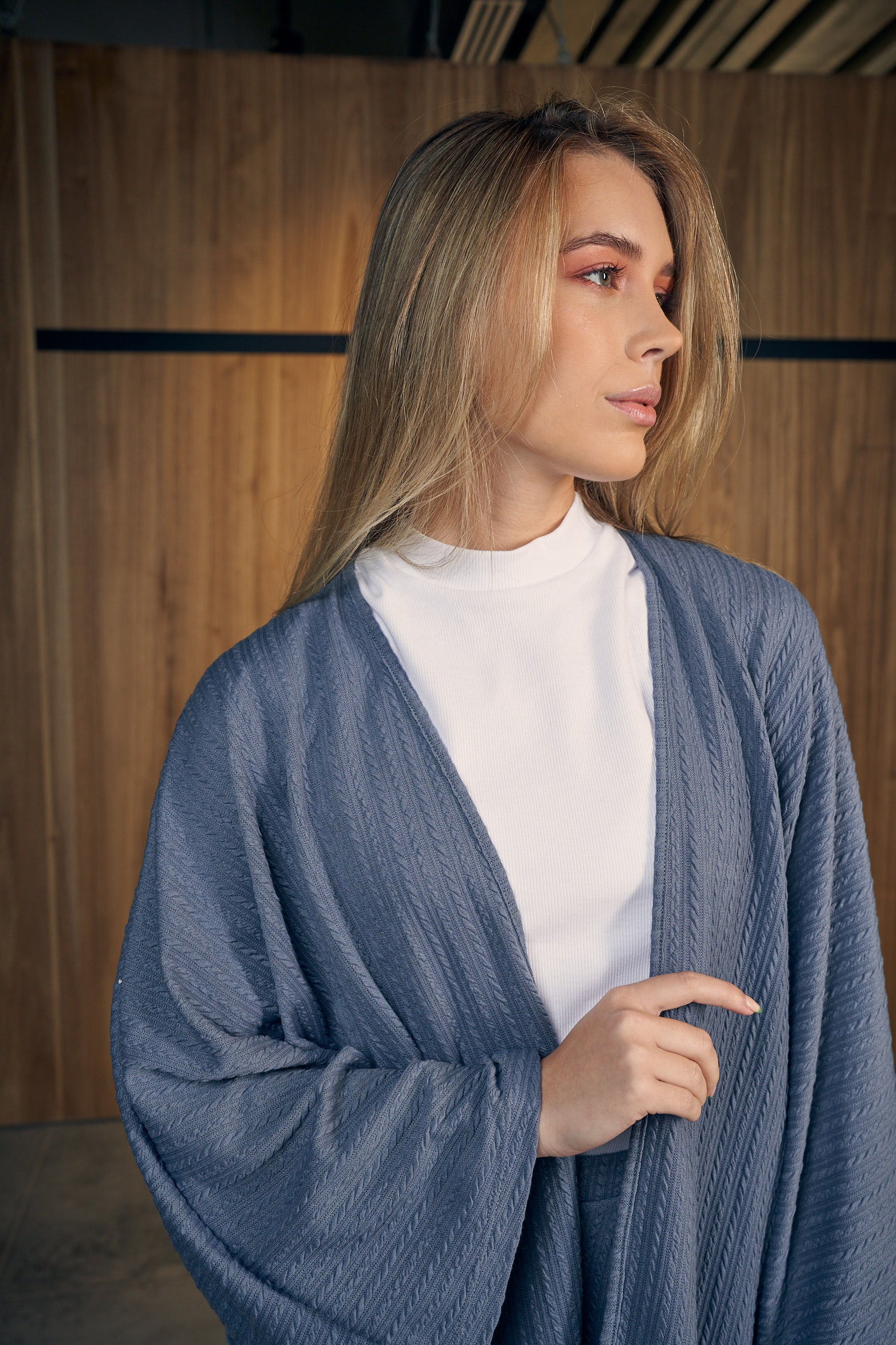 Braided Knit Kimono Skirt Set - Blue