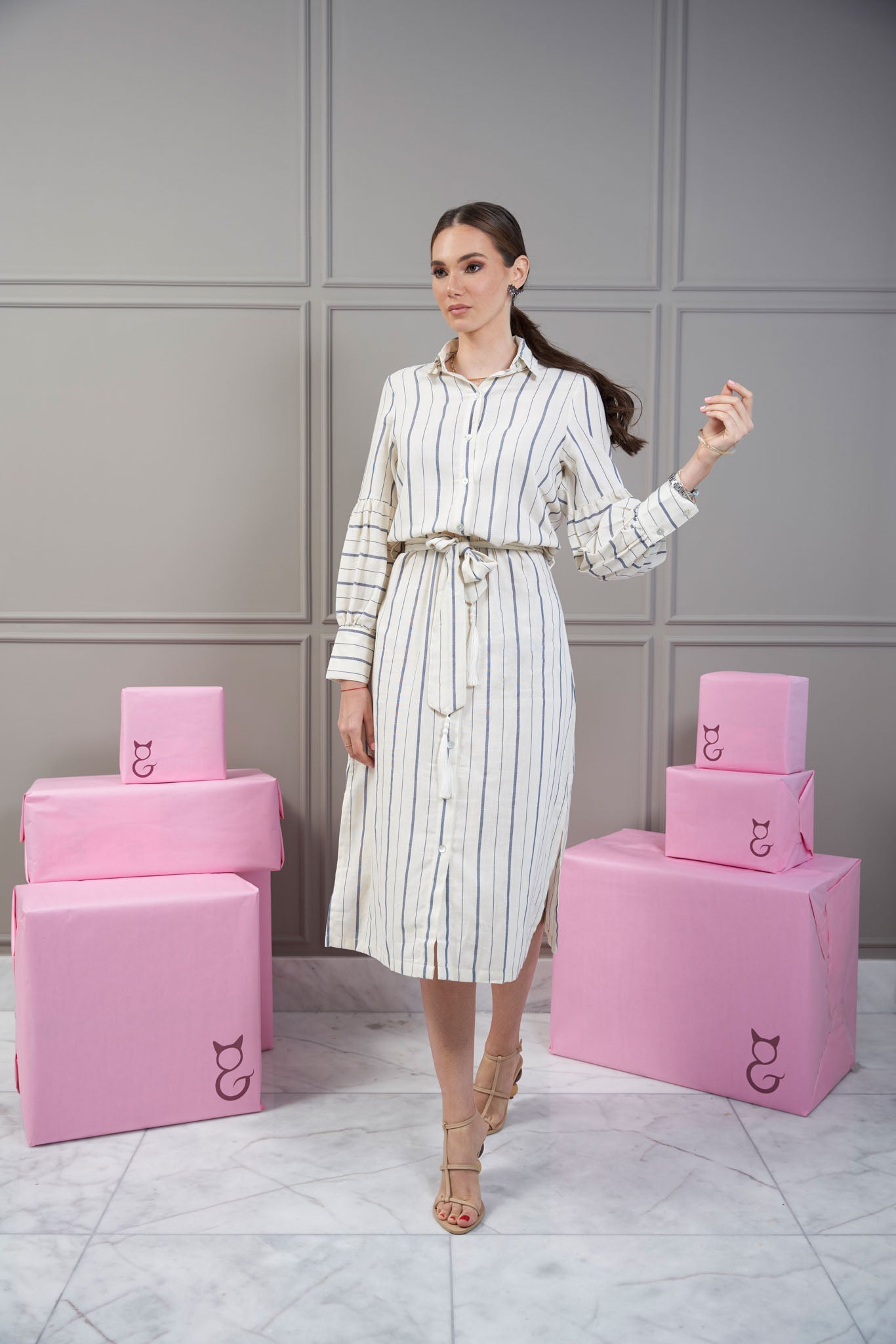 Sofia Balloon-Sleeve Midi Striped White Dress