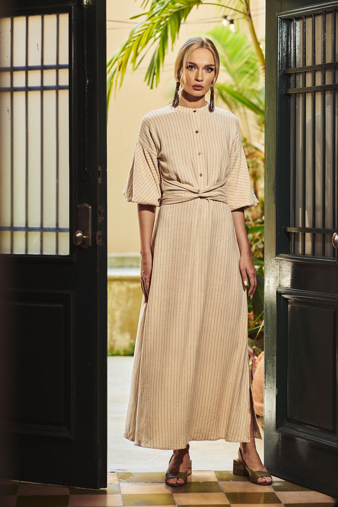 Knotted Maxi Dress - Striped Natural Linen Gatorecato Knotted Maxi Dress - Striped Natural Linen Gatorecato