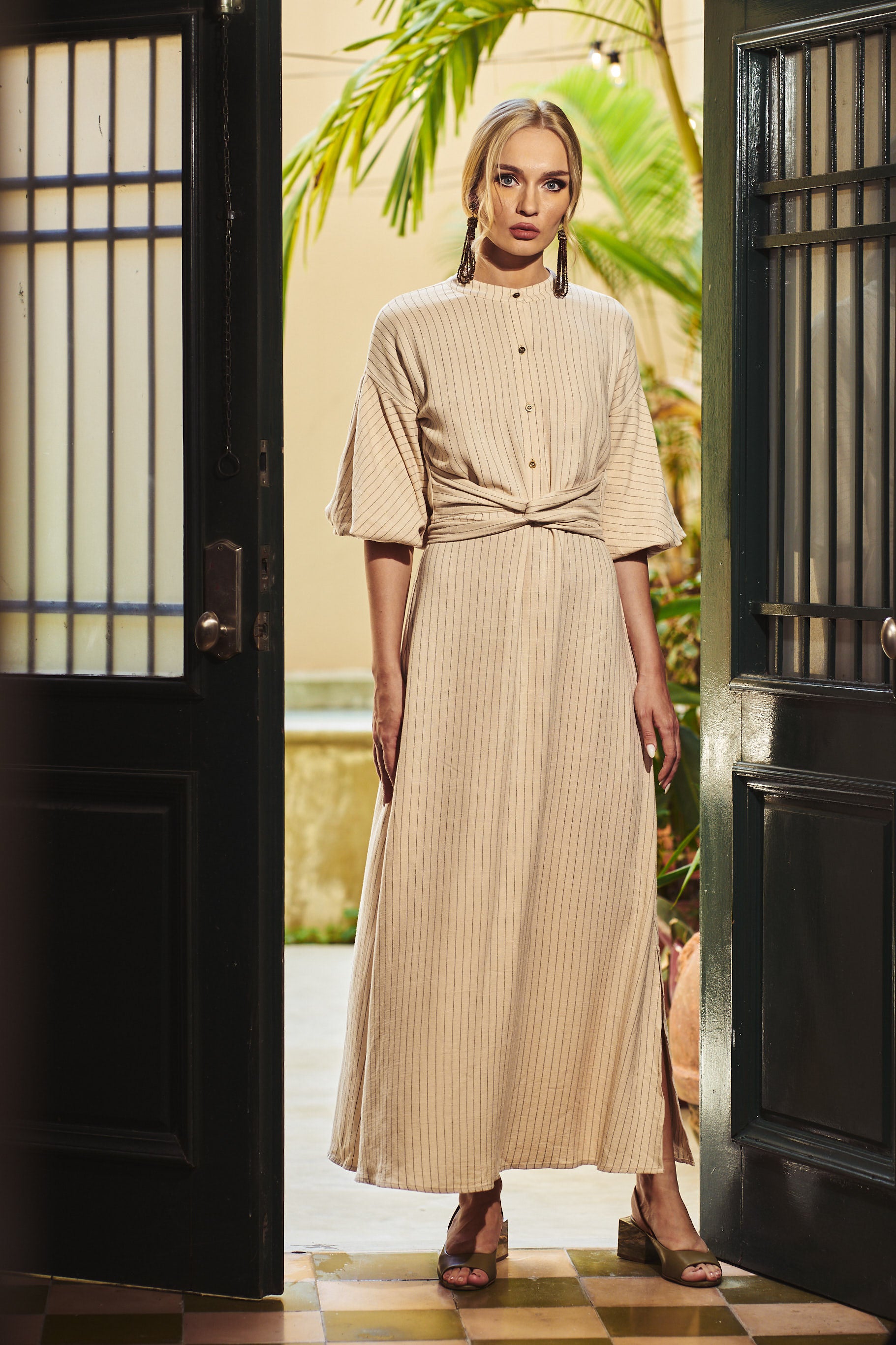 Knotted Maxi Dress - Striped Natural Linen