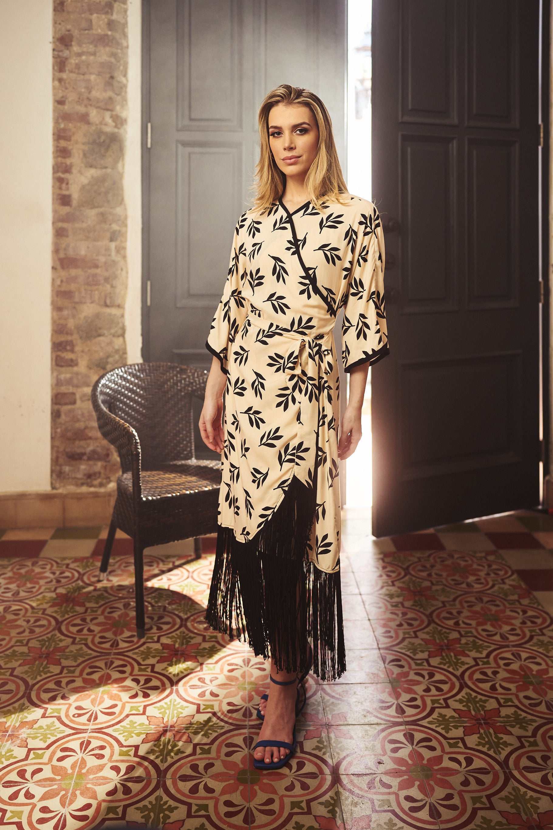 Sunset Kimono Wrap Dress - Black Cream
