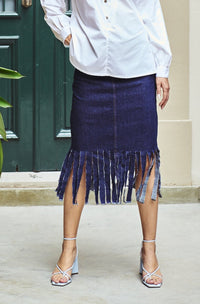 Lucia Fringe Denim Skirt -BLUE