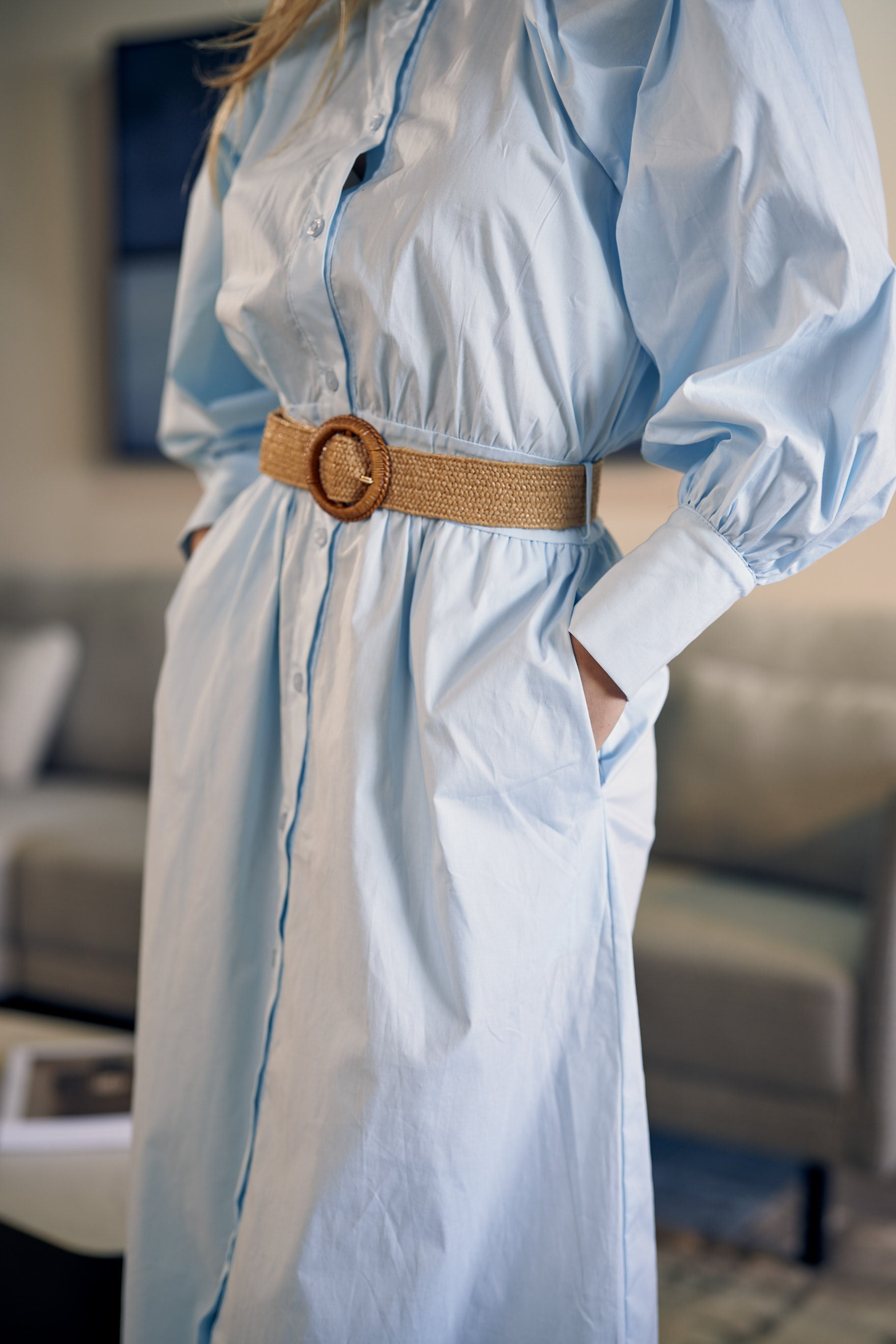 Sky Sleeves Button Down Dress - Blue