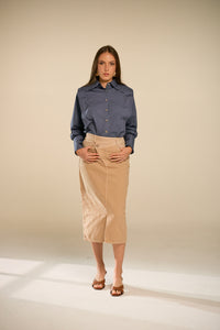 Crossed Midi Coffee Denim Skirt