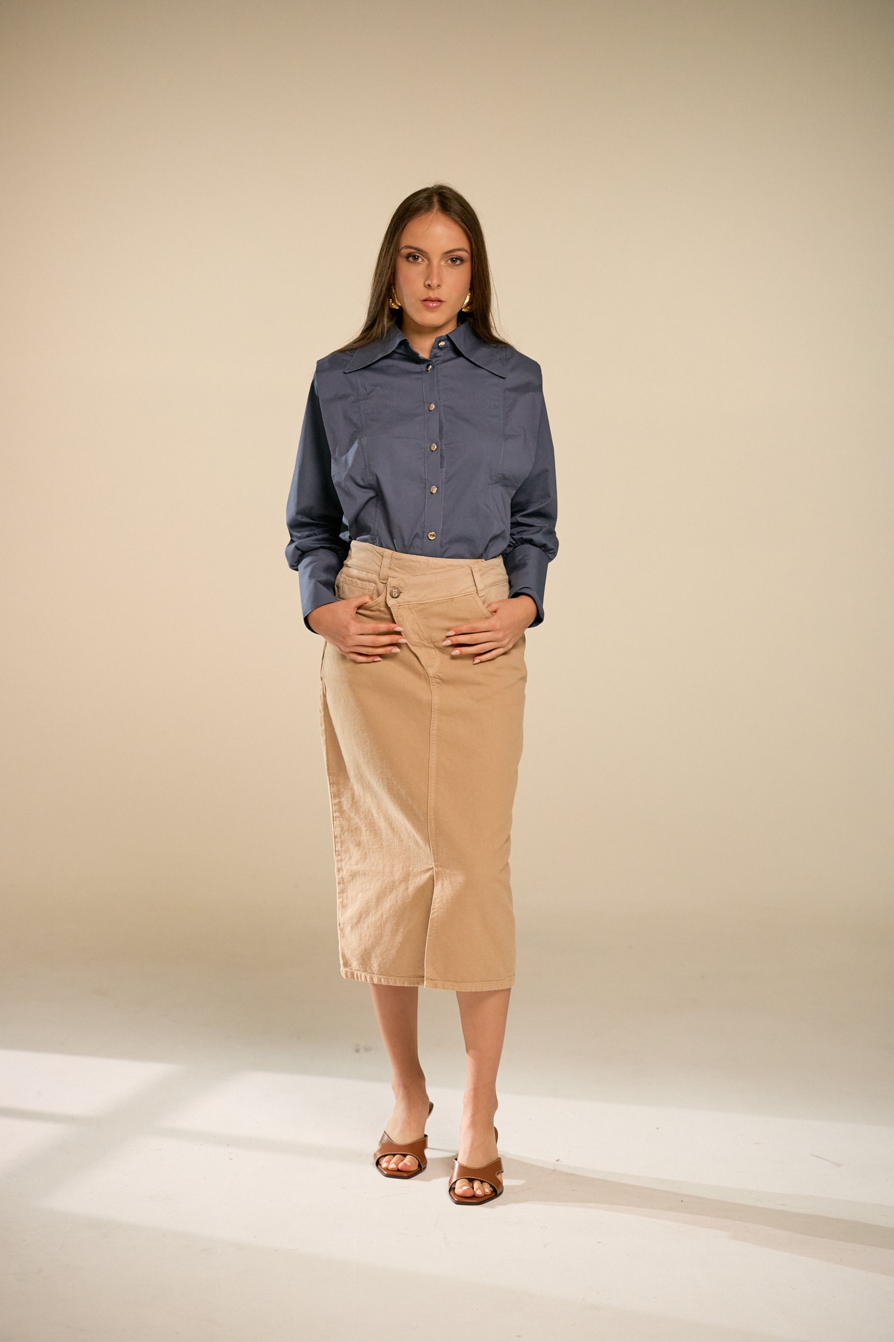 Crossed Midi Coffee Denim Skirt