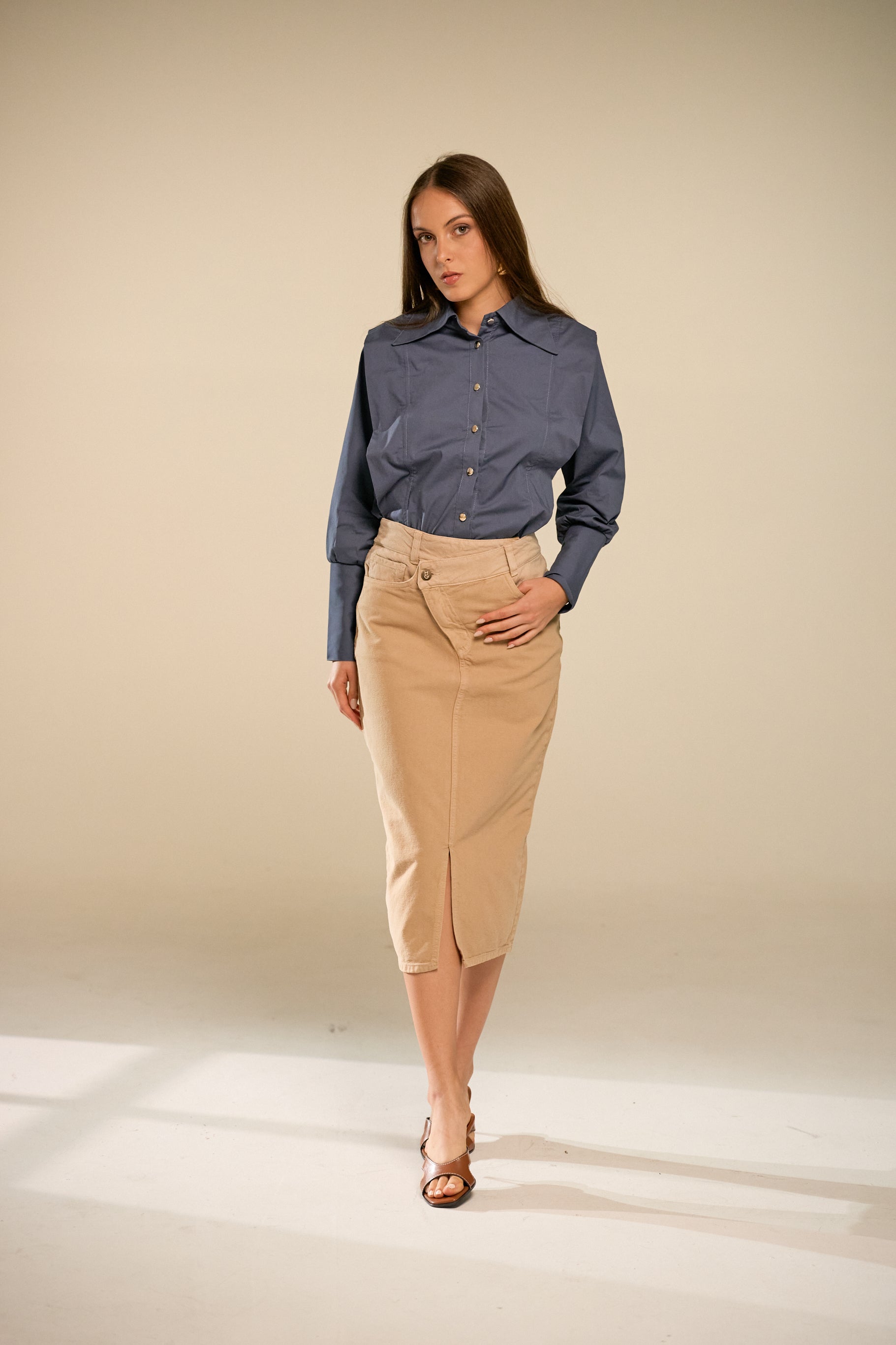 Crossed Midi Coffee Denim Skirt