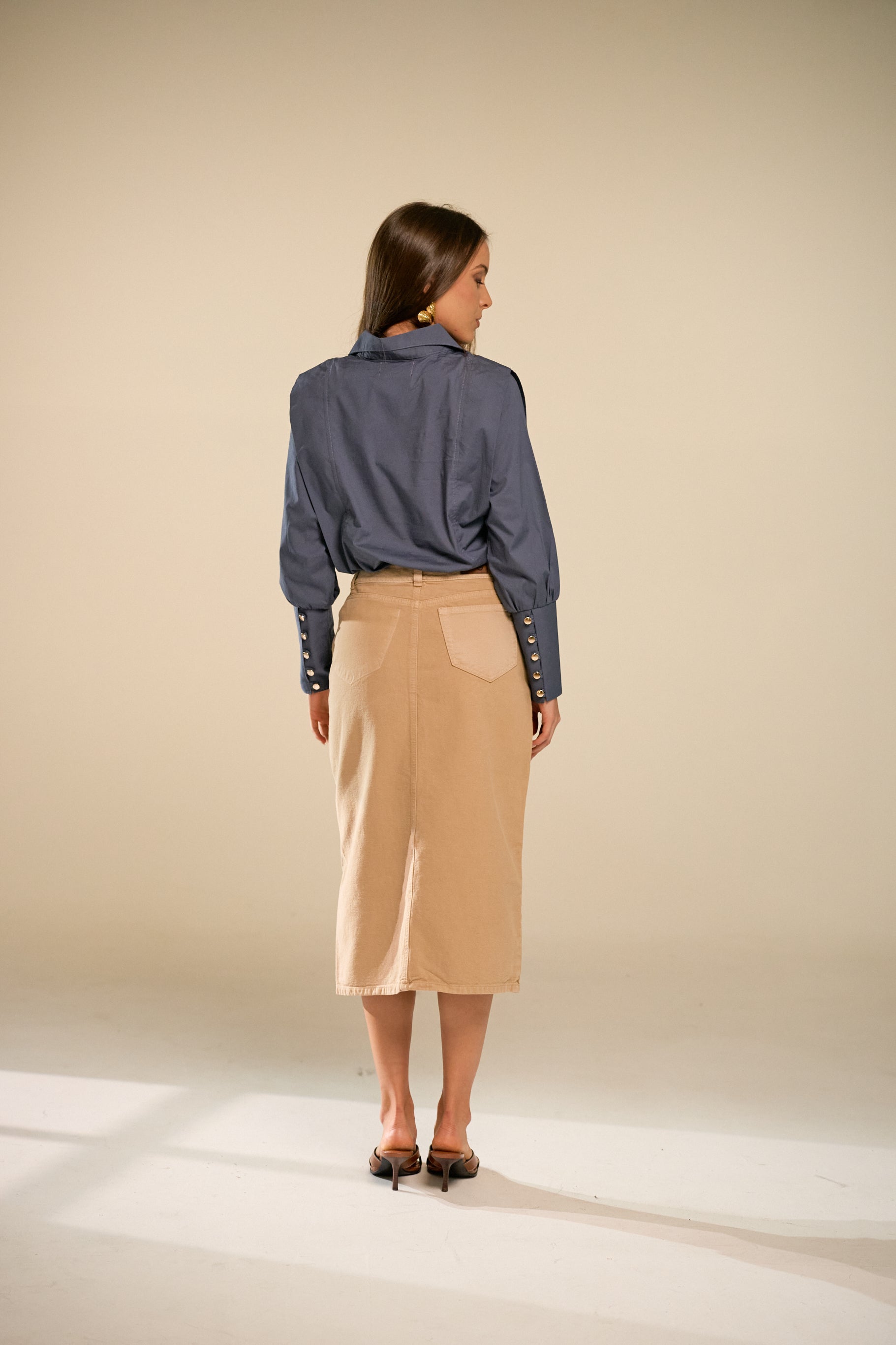 Crossed Midi Coffee Denim Skirt
