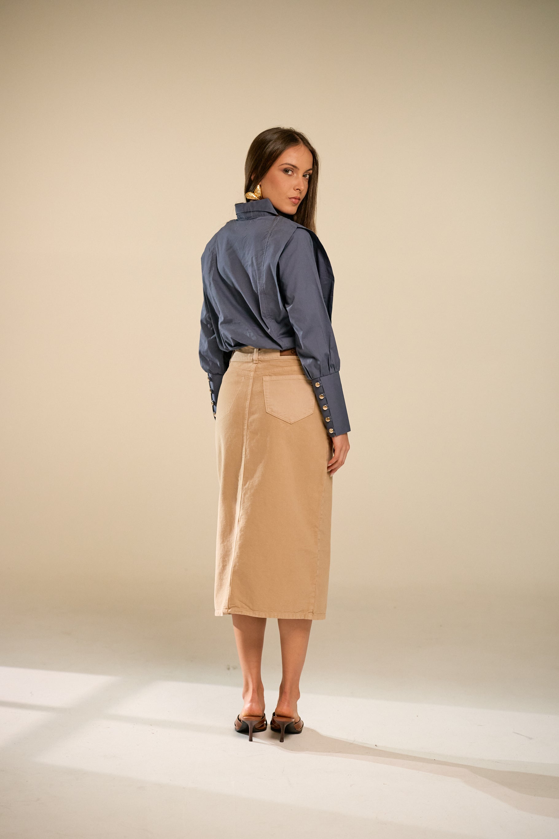 Crossed Midi Coffee Denim Skirt