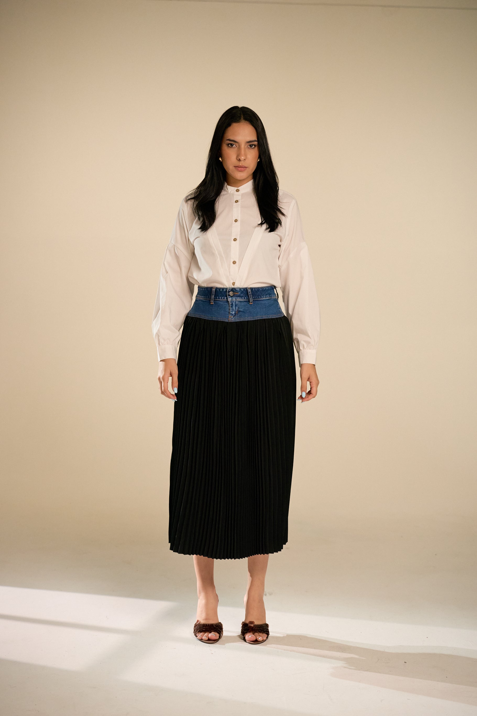 Denise Pleated Black Dnim Skirt
