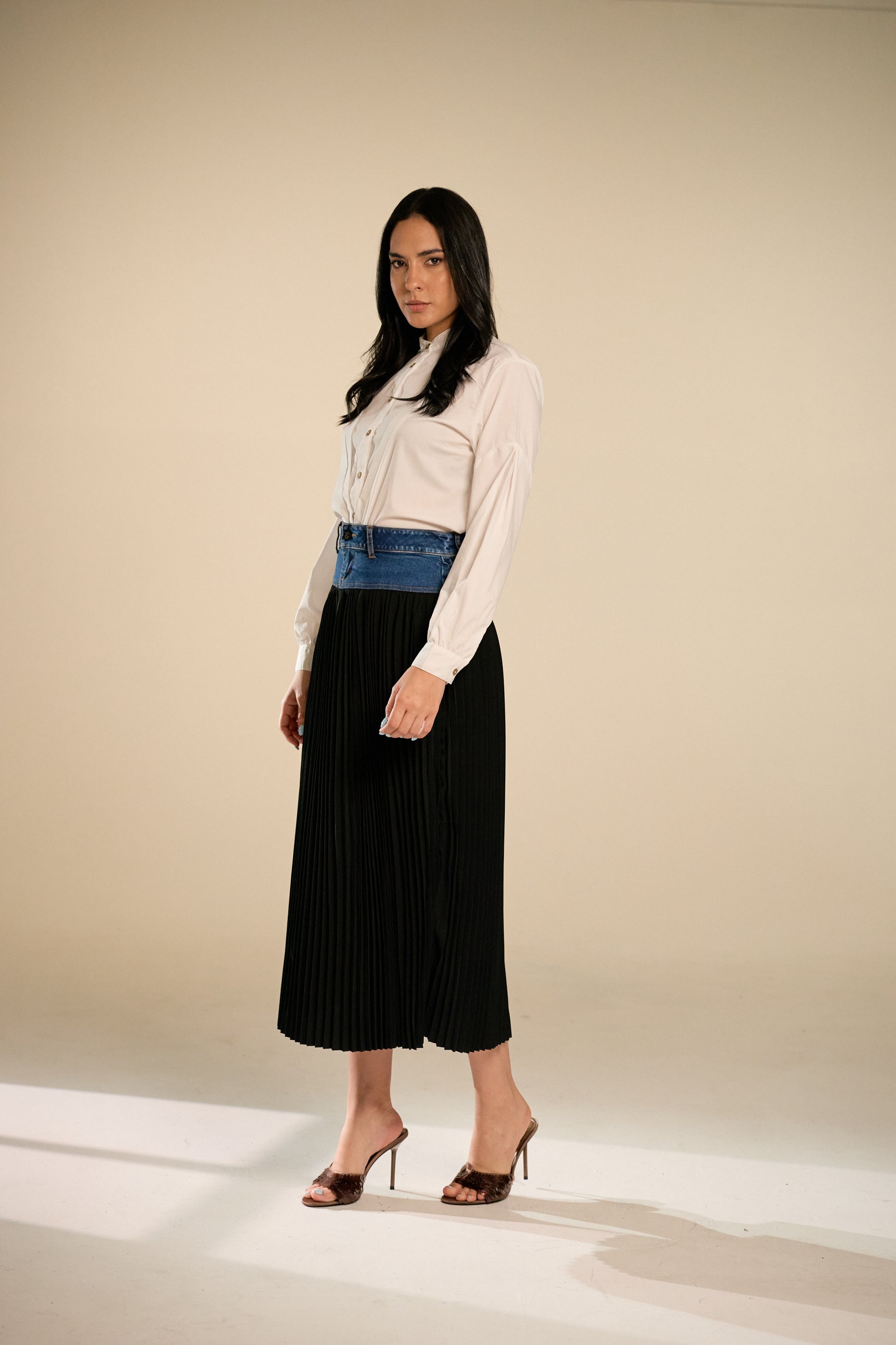 Denise Pleated Black Dnim Skirt