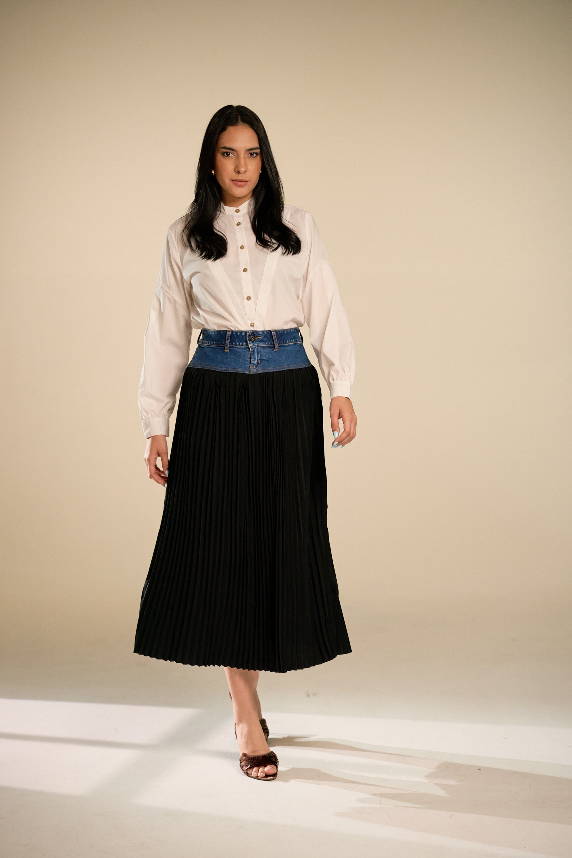 Denise Pleated Black Dnim Skirt