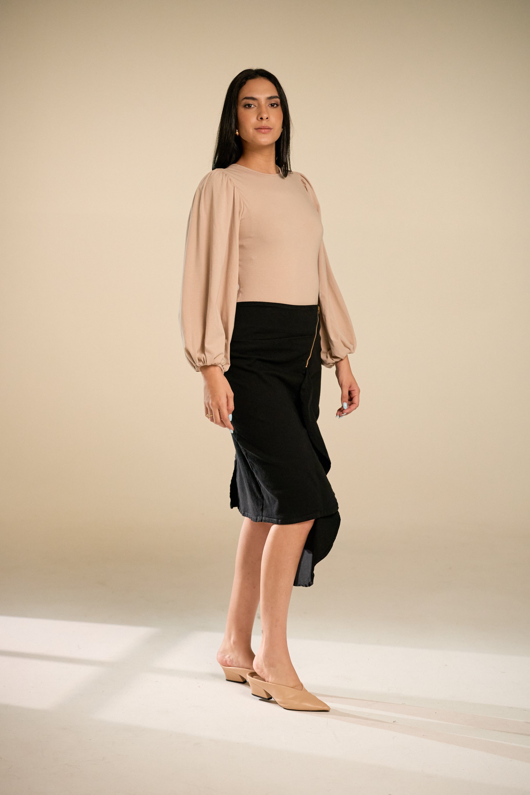 Denim Black Side Ruffle Skirt
