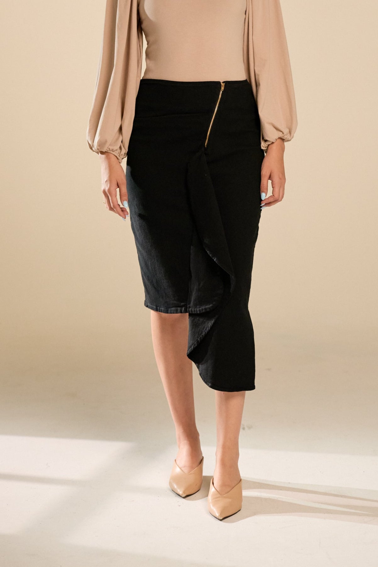Denim Black Side Ruffle Skirt
