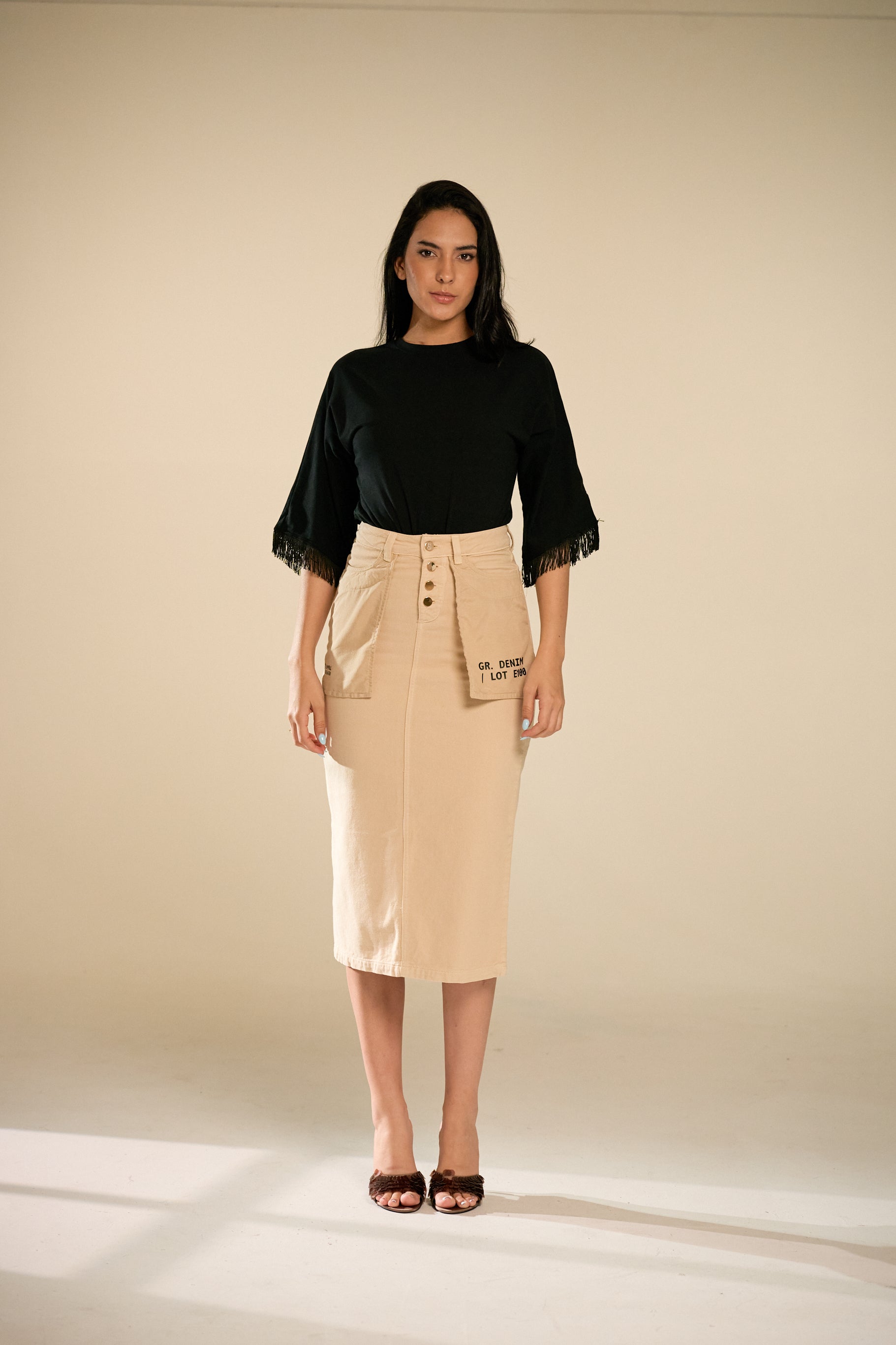 Reverse Pockets Denim Skirt - 35" beige