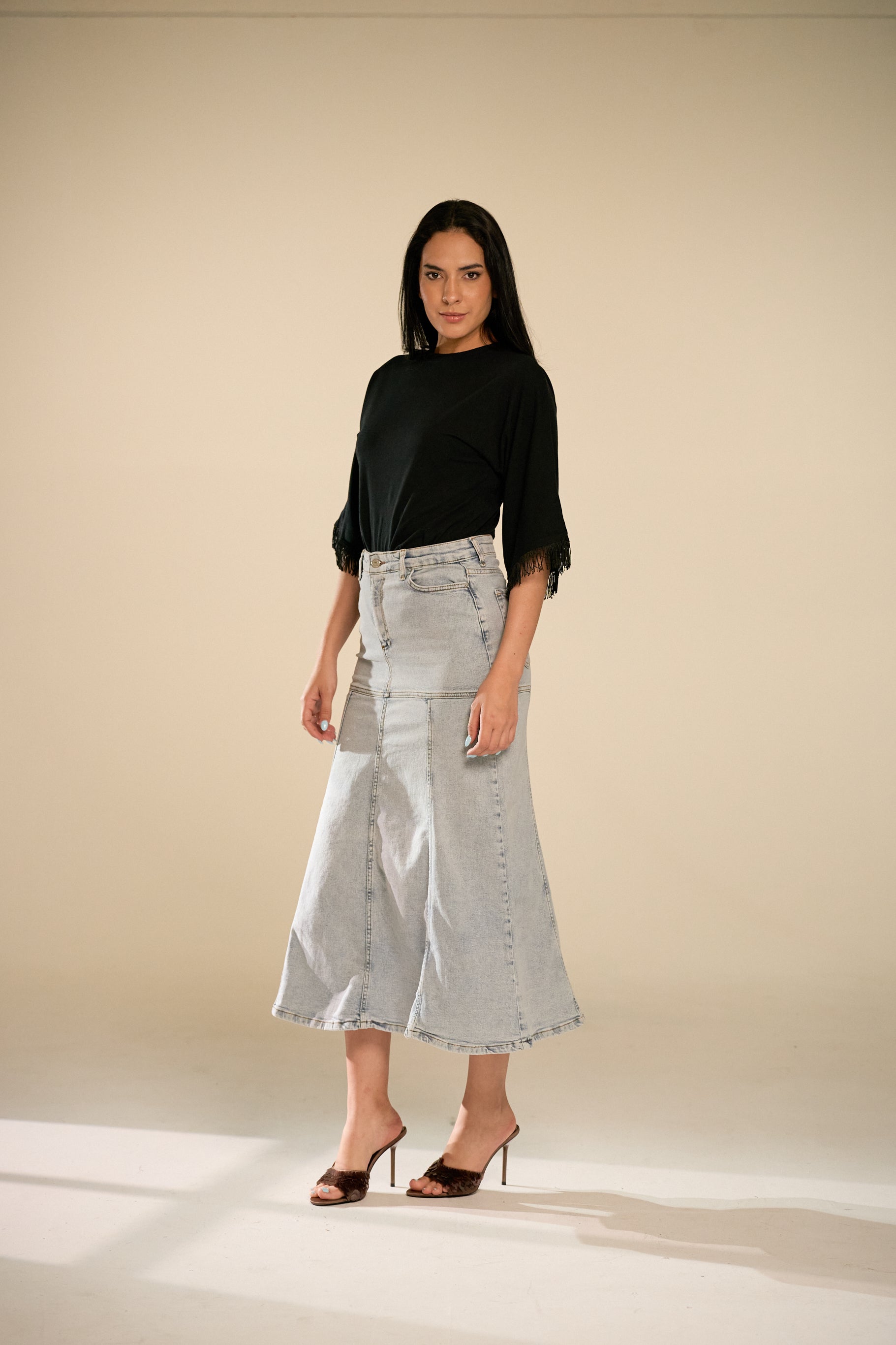 Mabel Midi Denim Skirt - Light Blue