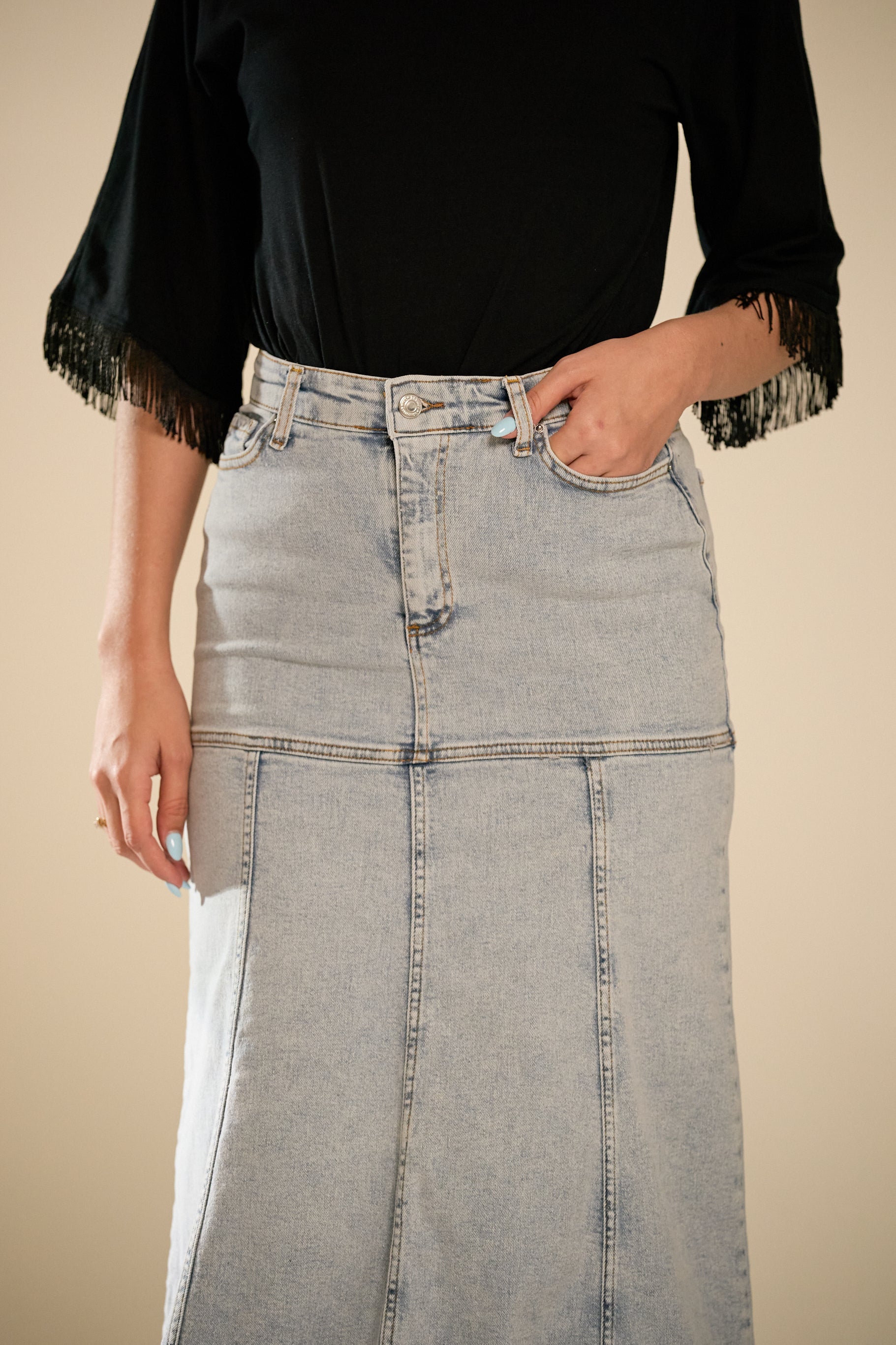 Mabel Midi Denim Skirt - Light Blue