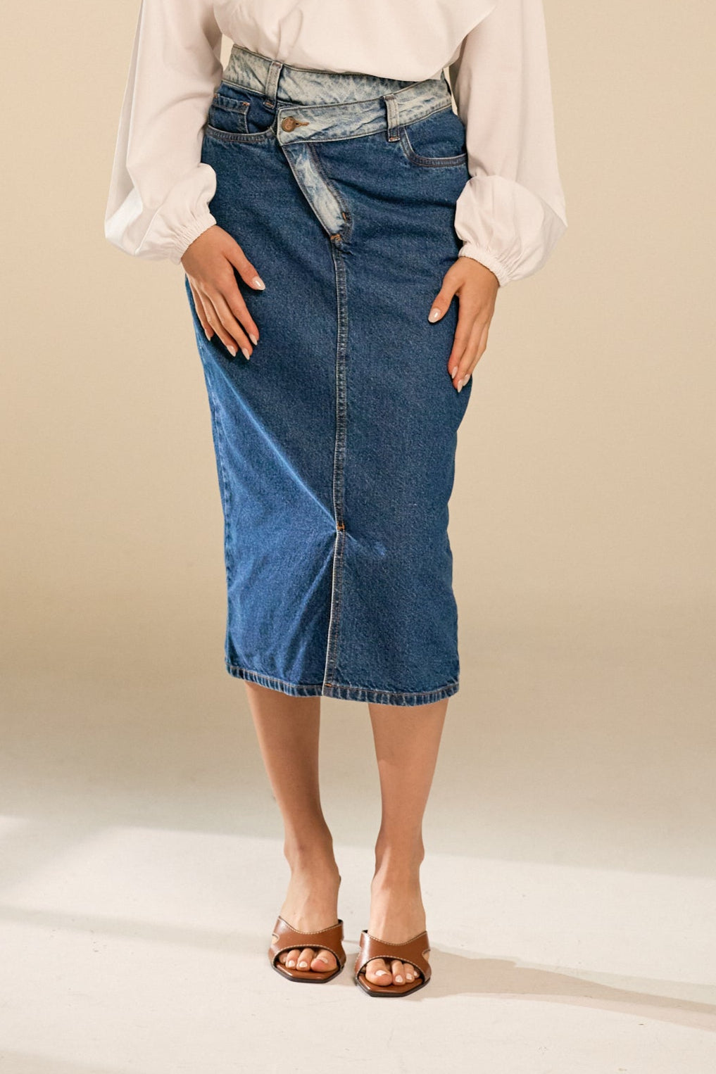 Double Tone Midi Denim Skirt
