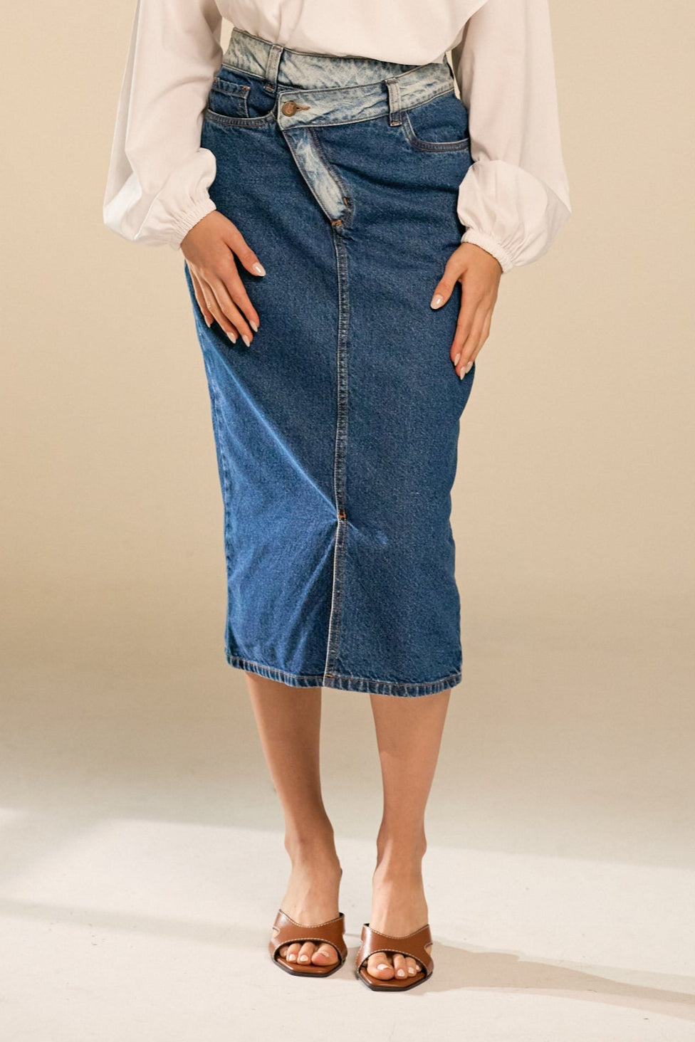 Double Tone Midi Denim Skirt