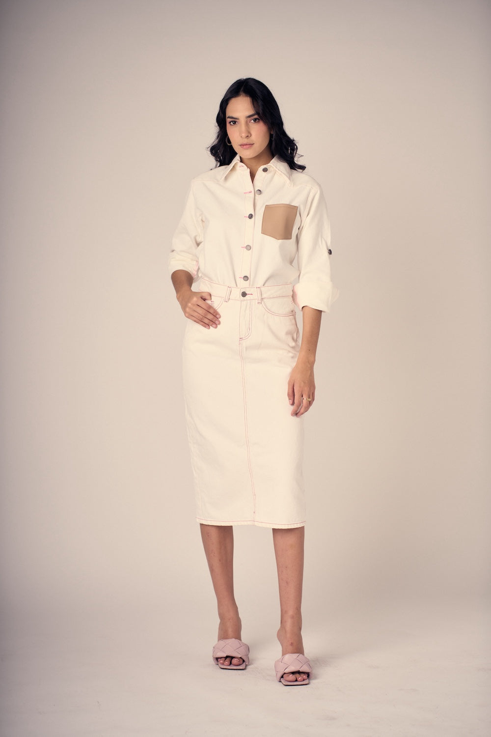 Charlotte White Pink Stitches Denim Skirt