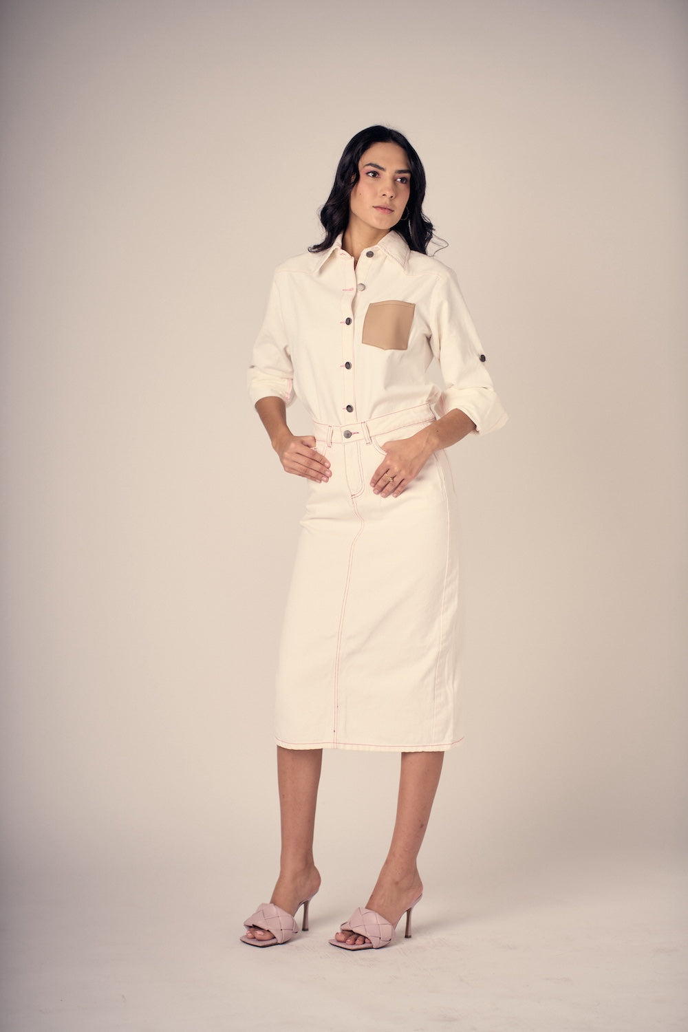 Charlotte White Pink Stitches Denim SHIRT