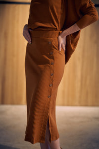 Side Ribbed Buttons Slit Skirt - Terra
