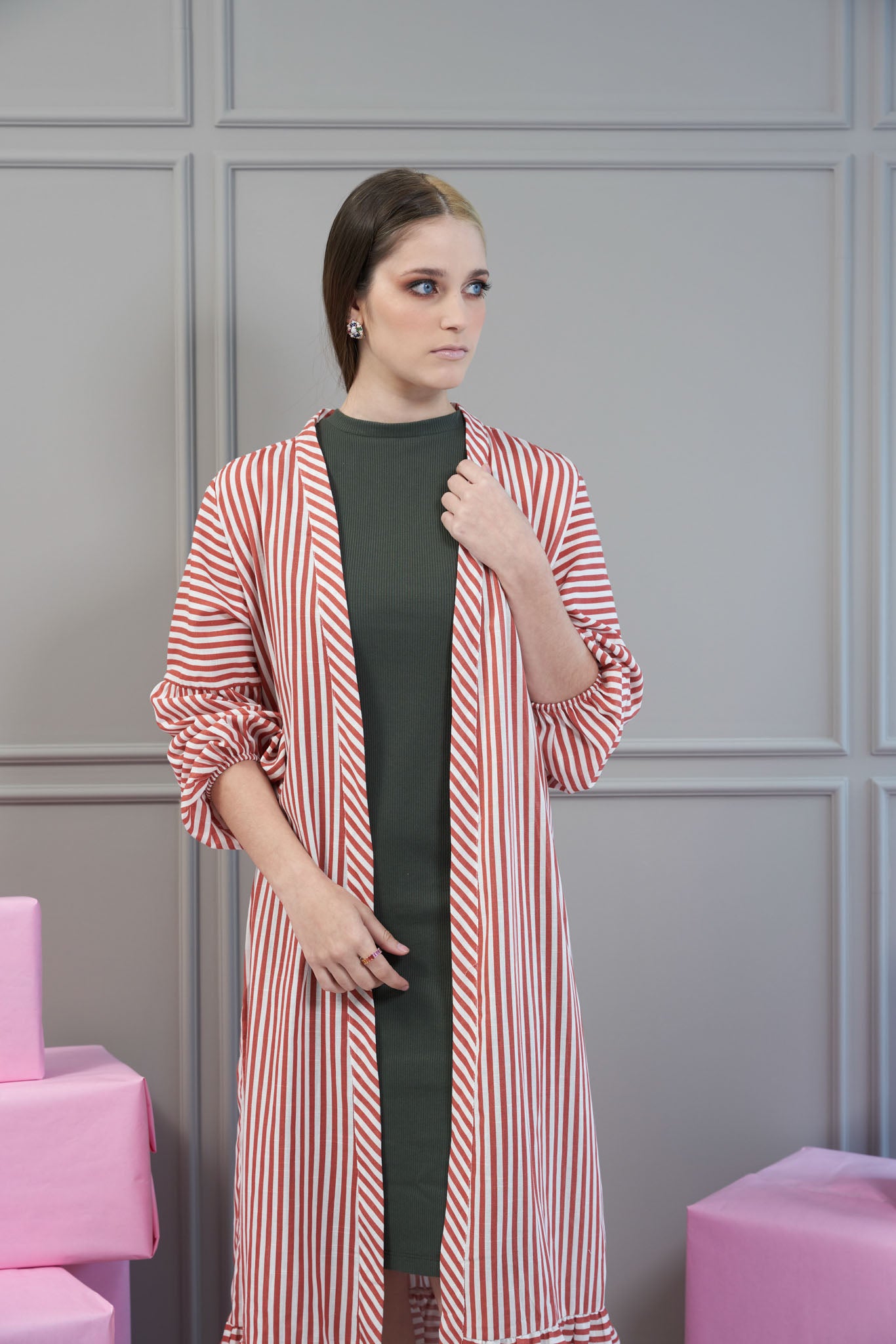 Alex Striped Linen Kimono - Coral