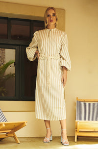 Silvya Striped Linen Dress with Macrame Belt