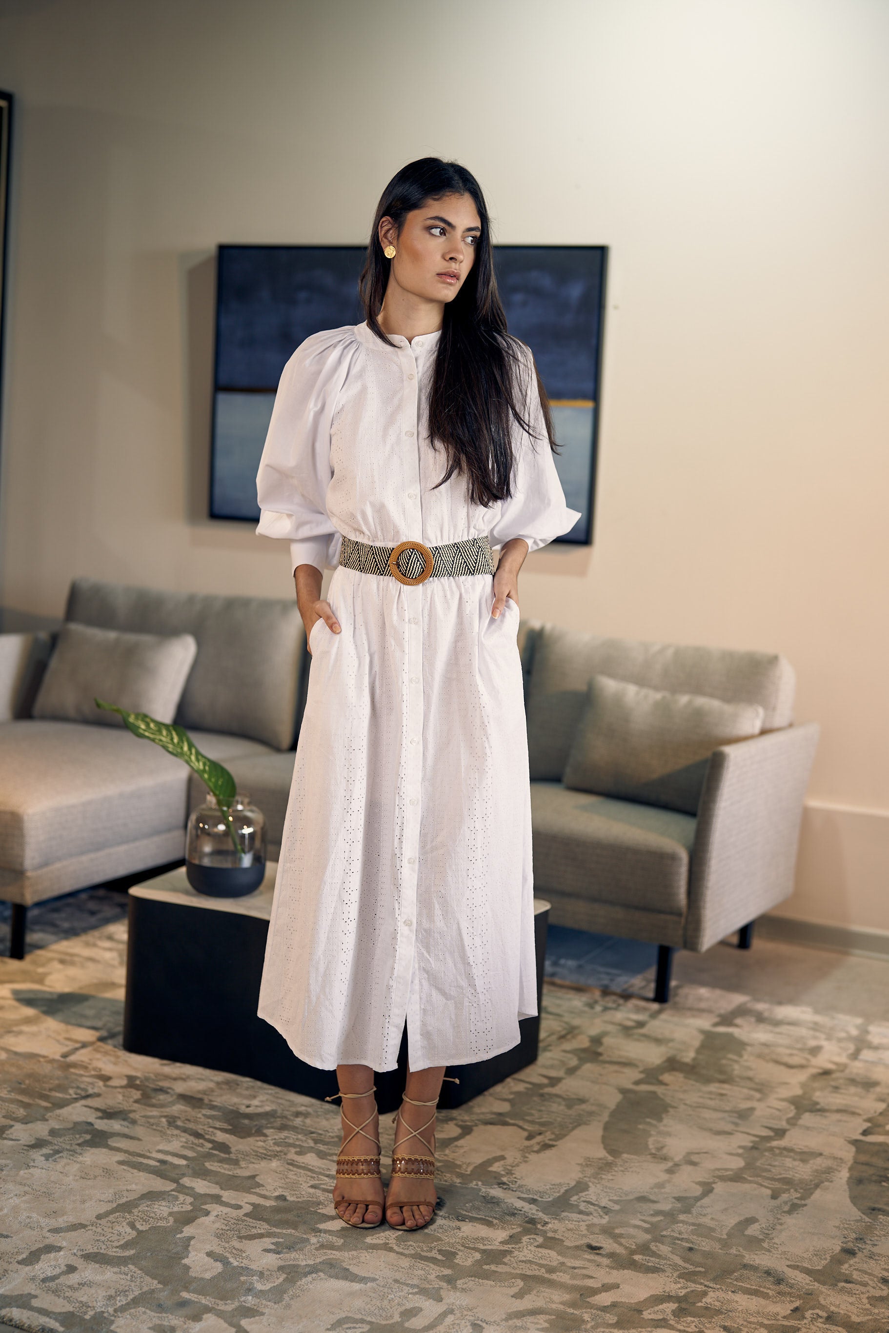Sky White Sleeves Button Down Dress