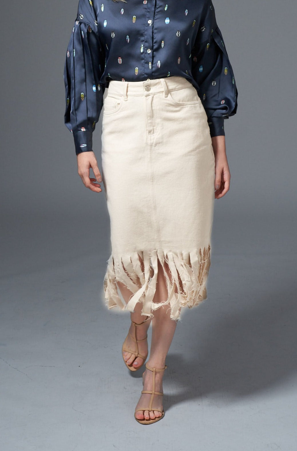 Lucia Fringe Denim Skirt - Off White