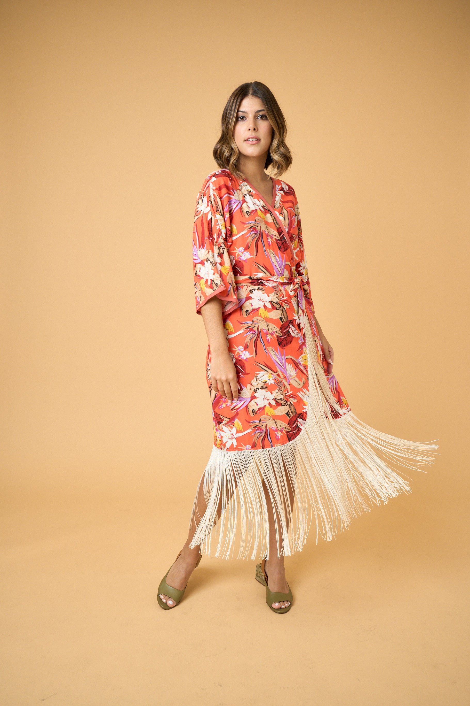 Sunset Kimono Wrap Dress - Tangerine Flowers