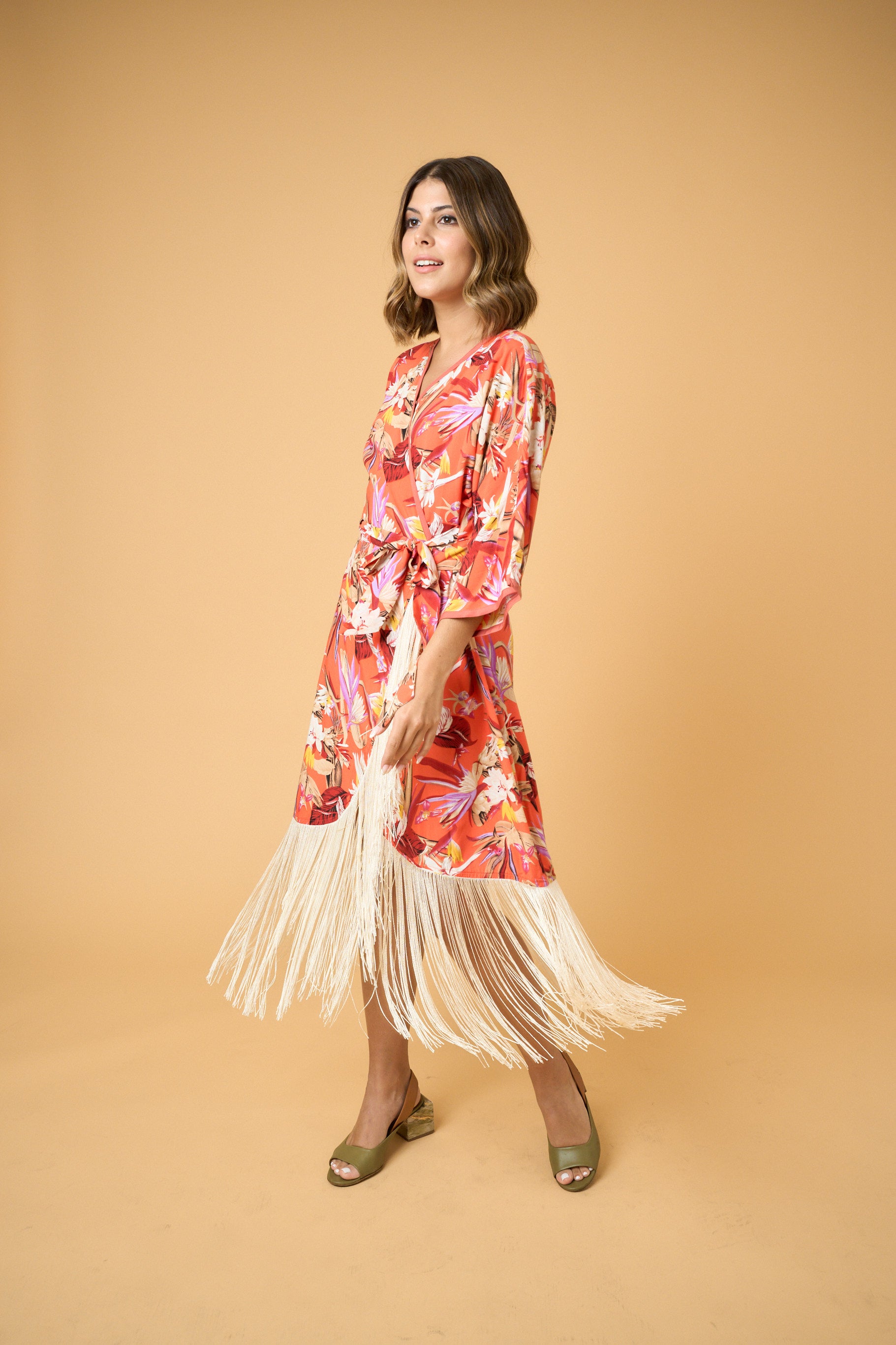 Sunset Kimono Wrap Dress - Tangerine Flowers