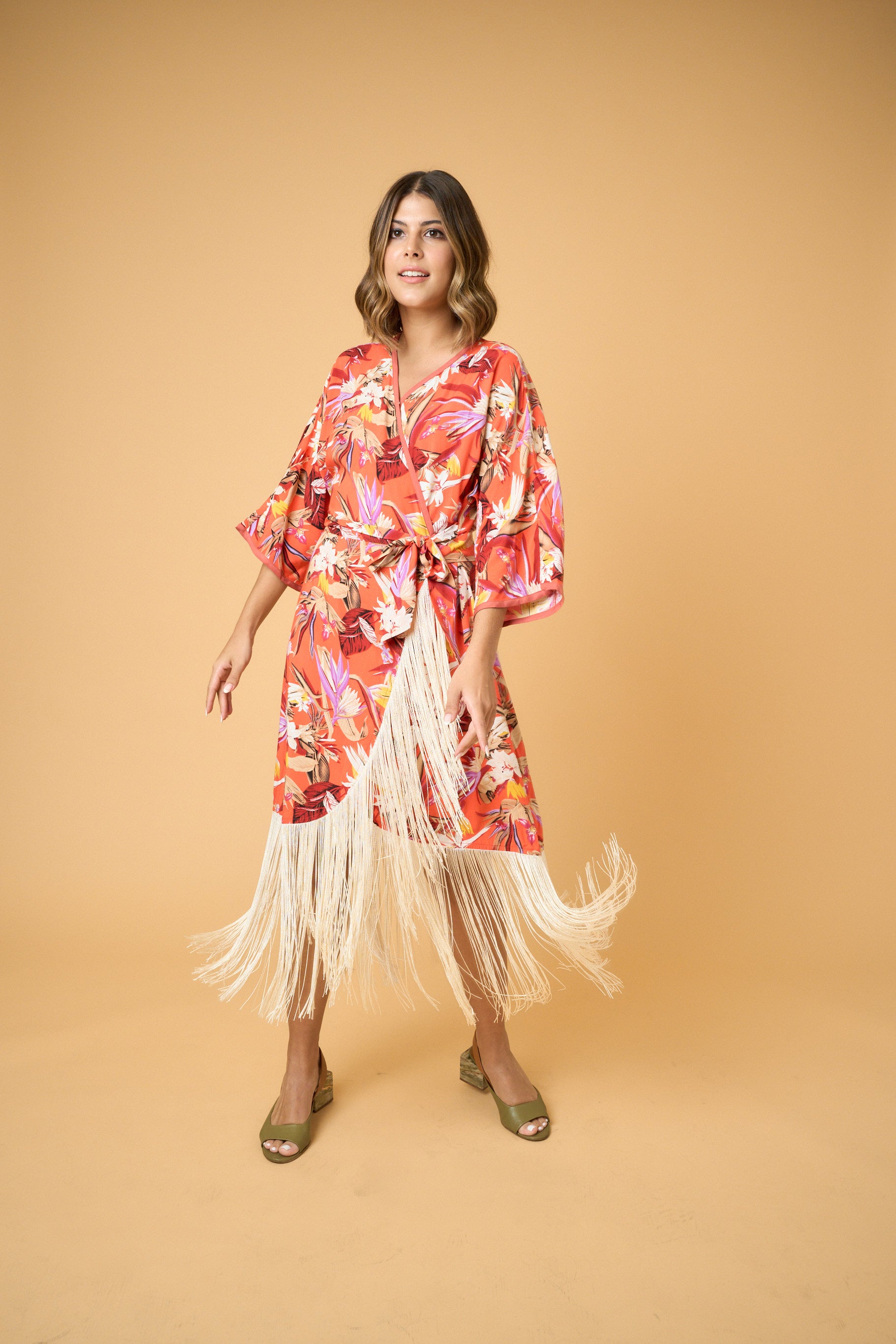 Sunset Kimono Wrap Dress - Tangerine Flowers