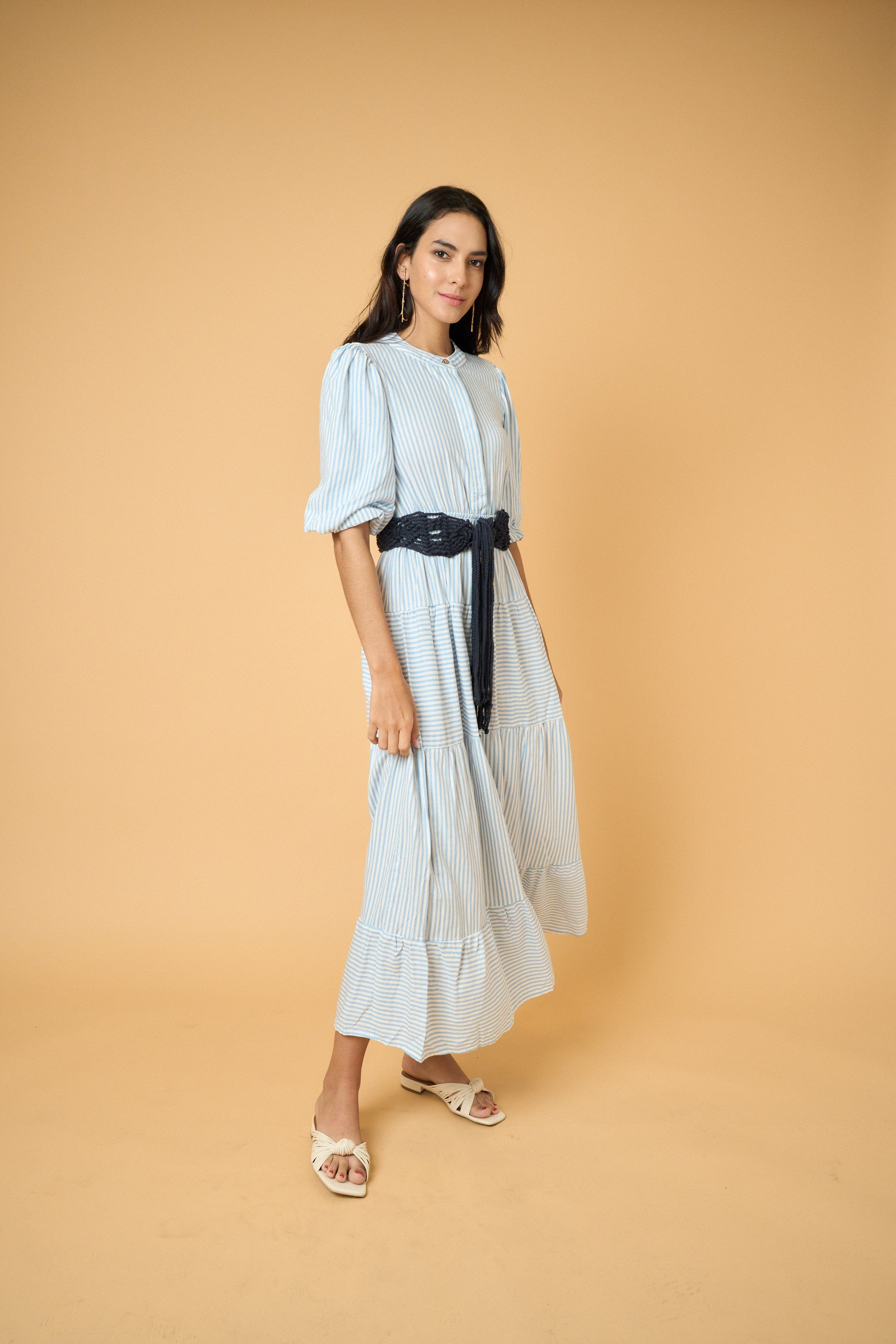 Leandra Maxi Linen Dress - Striped Blue