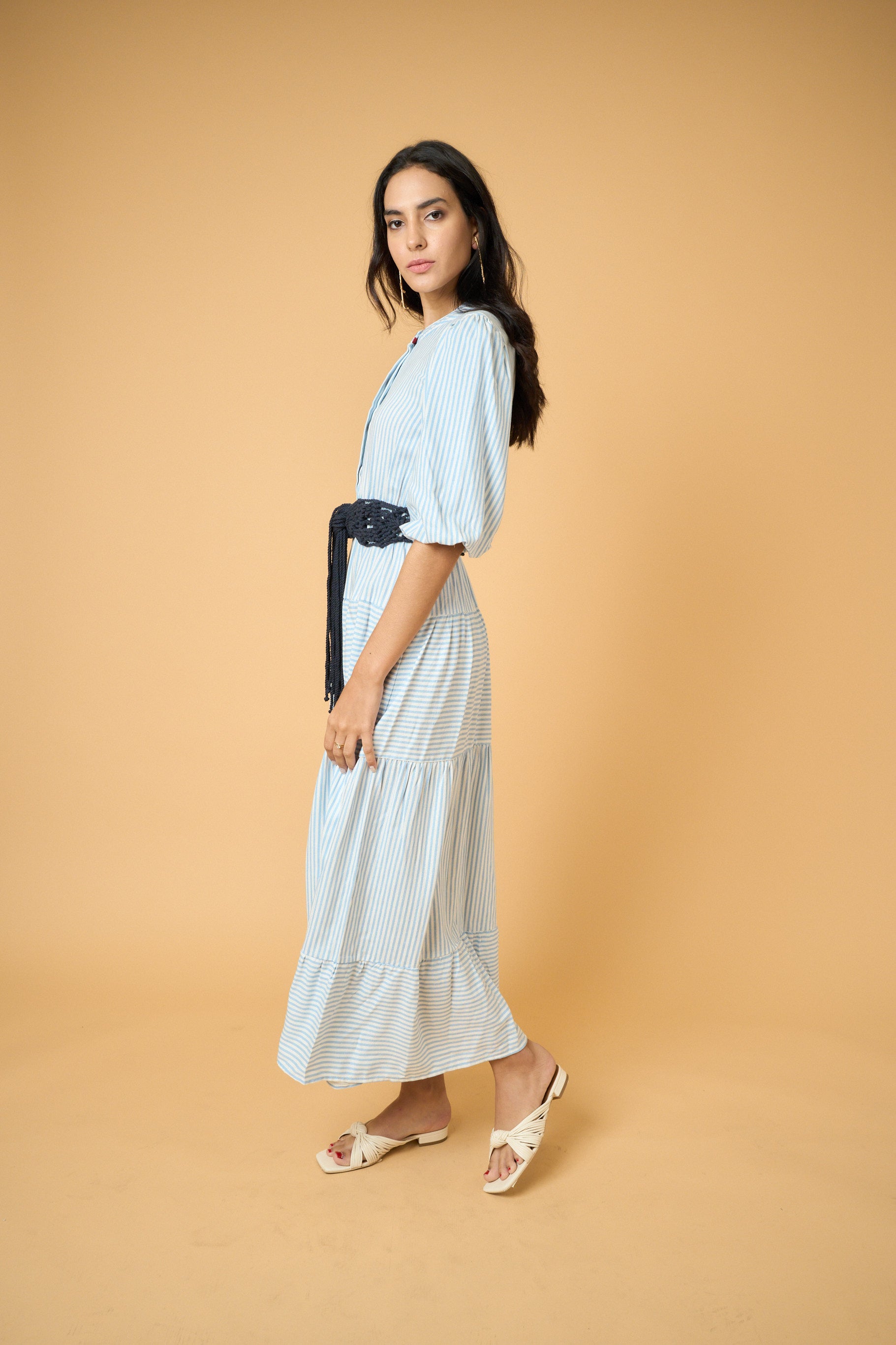 Leandra Maxi Linen Dress - Striped Blue