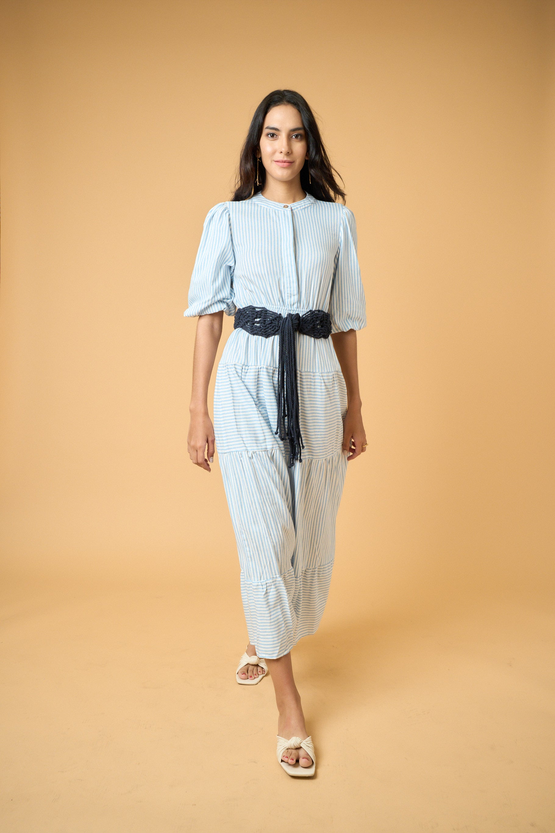 Leandra Maxi Linen Dress - Striped Blue