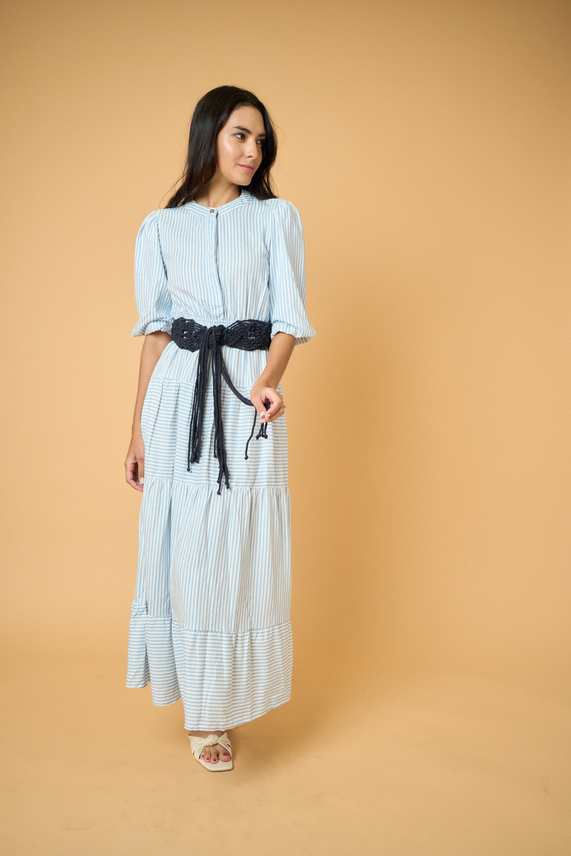 Leandra Maxi Linen Dress - Striped Blue