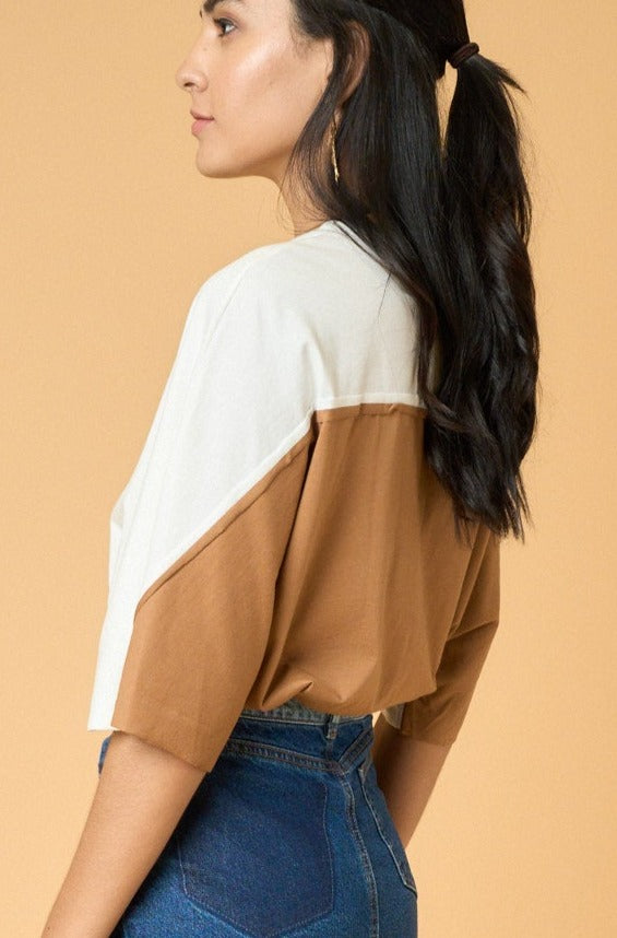 Color Block Oversized Tshirt - WHITE KHAKI