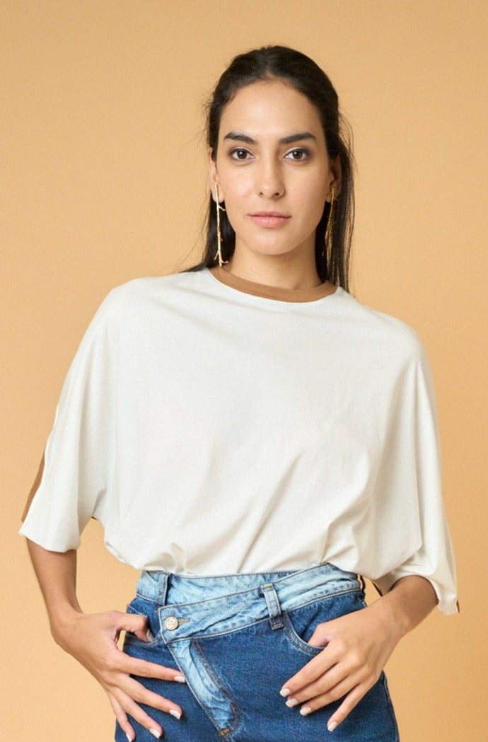 Color Block Oversized Tshirt - WHITE KHAKI