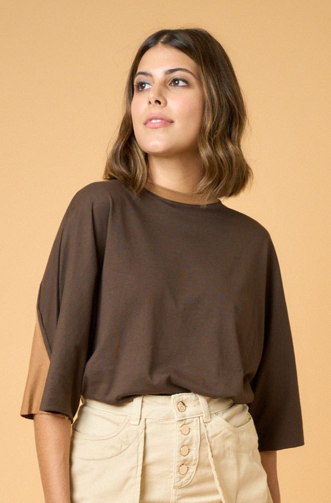 Color Block Oversized Tshirt - Brown